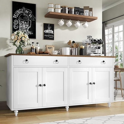 4 EVER WINNER 55" Large Buffet Cabinet with Storage, mid-Century Modern Coffee Bar Cabinet with 2 Drawers, 4 Doors & Adjustable Shelves, White Sideboard for Kitchen, Dining Room