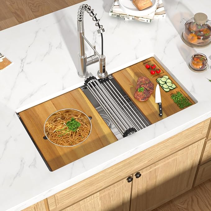 36 Inch Undermount Kitchen Sink - 36x19 Workstation All-In One 16 Gauge T-304 Stainless Steel Single Bowl Under Counter Large Kitchen Sink with Cutting Board and New-Accessories #TLU-0037