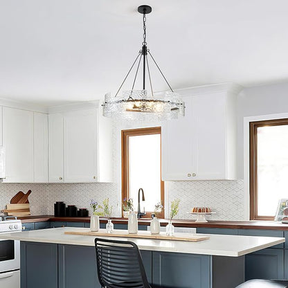 XINGQI Black Chandeliers for Dining Room Modern 8-Light Glass Farmhouse Pendant Lighting Fixtures Round Chandelier for Kitchen Island Living Room Entryway