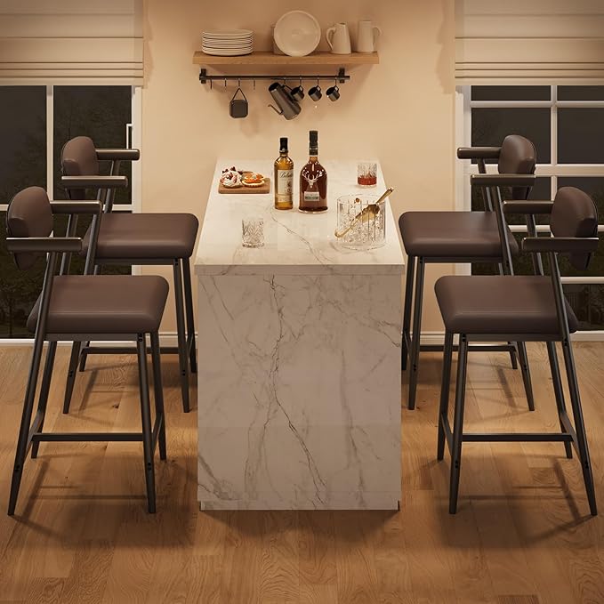 GarveeHome Counter Height Bar Stools of 4 with Armrests, 4 Piece Counter Height Bar Stools Set with Back, Upholstered Seat & Metal Footrest for Kitchen Islands, Counter Bars, Retro Brown