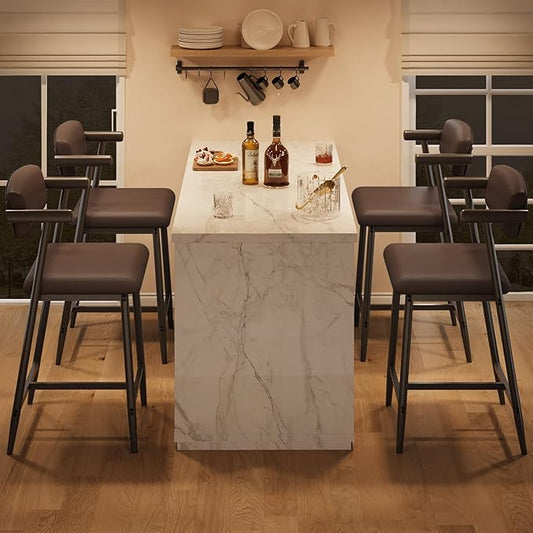 GarveeHome Counter Height Bar Stools of 4 with Armrests, 4 Piece Counter Height Bar Stools Set with Back, Upholstered Seat & Metal Footrest for Kitchen Islands, Counter Bars, Retro Brown
