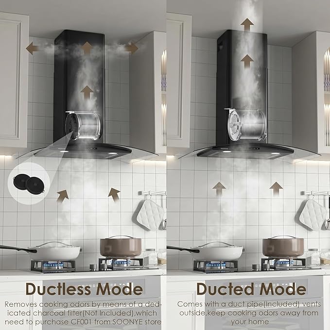 30 Inch Wall Mounted Curved Glass Black Range Hood with 450 CFM Stainless Steel kitchen Ductless/Ducted Convertible with 3 Speeds Extract Fan & Touch Control
