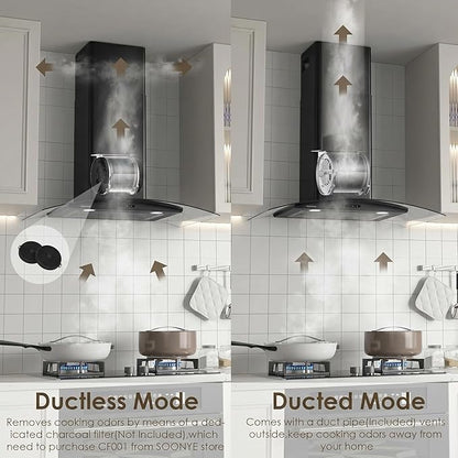 30 Inch Wall Mounted Curved Glass Black Range Hood with 450 CFM Stainless Steel kitchen Ductless/Ducted Convertible with 3 Speeds Extract Fan & Touch Control
