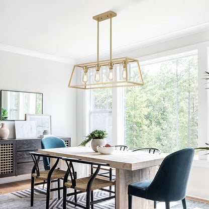 4-Light Gold Chandeliers for Dining Room | Modern Kitchen Island Light Fixture | Rectangle Chandelier for with Clear Glass Shade | Apply to Dining Room Light fixtures Over Table