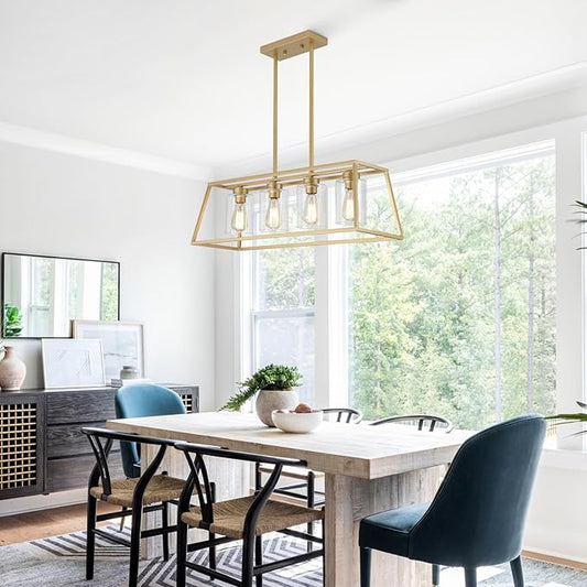 4-Light Gold Chandeliers for Dining Room | Modern Kitchen Island Light Fixture | Rectangle Chandelier for with Clear Glass Shade | Apply to Dining Room Light fixtures Over Table