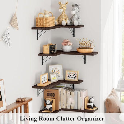 Love-KANKEI Corner Shelf Wall Mounted Set of 4, Floating Wall Shelves for Storage, Rustic Wood Hanging Shelves for Bathroom Kitchen Bedroom Living Room Display, Dark Brown