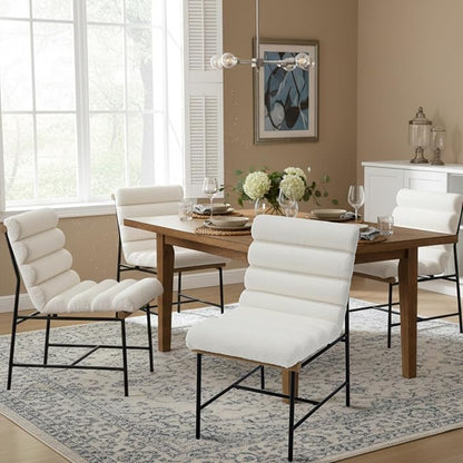 Modern Upholstered Dining Chairs Set of 4, White Sherpa Dining Room Chairs with Tufted Back & Cushion, Comfy Armless Boucle Kitchen Chairs with Black Metal Legs for Dinner Living Room