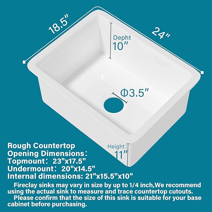 Undermount Kitchen Sink White 24 x 19 Inch,11" High Top Mount Small Fireclay Bar Sink Drop In Single Bowl, Dual Mount Heavy Duty Deep Basin, Pure White, for Kitchen,Island,Laundry