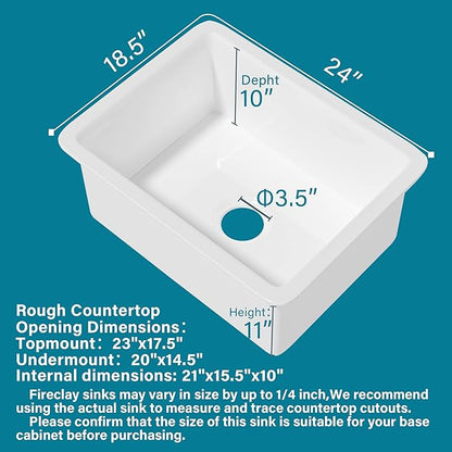 Undermount Kitchen Sink White 24 x 19 Inch,11" High Top Mount Small Fireclay Bar Sink Drop In Single Bowl, Dual Mount Heavy Duty Deep Basin, Pure White, for Kitchen,Island,Laundry