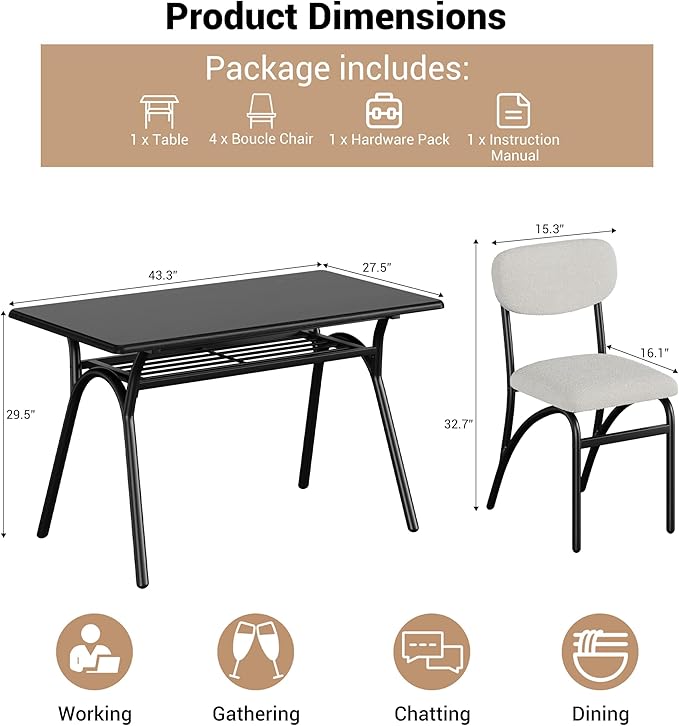 GarveeHome 5-Piece Dining Table Set for 4, Modern Kitchen Table with 4 Boucle Chairs, Rectangular Dining Table with Storage Shelf & Marble Tabletop, Beige Home Dining Furniture for Small Space