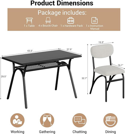 GarveeHome 5-Piece Dining Table Set for 4, Modern Kitchen Table with 4 Boucle Chairs, Rectangular Dining Table with Storage Shelf & Marble Tabletop, Beige Home Dining Furniture for Small Space