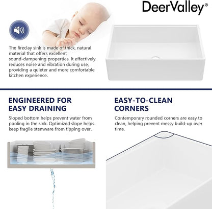 33In White Farmhouse Sinks for Kitchens, DeerValley 33 Inch Farm Kitchen Sink Workstation Flat Apron Front, White Fireclay Single Bowl Kitchen Basin with Cutting Board, Dish Rack & Grid, Easy to Clean