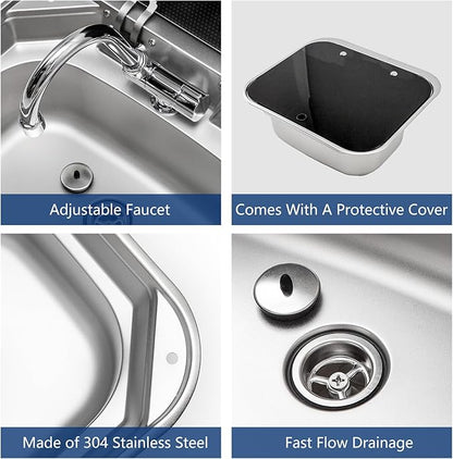 Portable RV Sink, 16.54×14.57×5.91 Inch Small Stainless Steel Bar Camping Sink with Folde Faucet and Tempered Glass Cover for Camper Trailer Caravan
