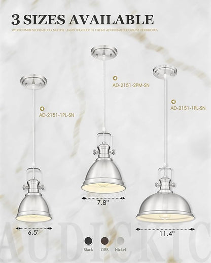 Pendant Lights Kitchen Island, 8" Farmhouse Hanging Lights Fixtures with Metal Shade, Rustic Kitchen Pendant Lighting Over Island for Dining Room, Brushed Nickel, AD-2151-1PM-SN