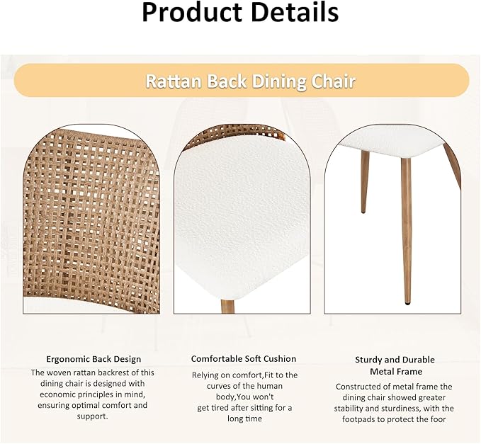 Rattan Dining Chairs, Modern Kitchen Chairs with Cane Woven Backrest Seat, Armless PE Wicker Accent Chairs for Dining Room with Metal Legs,Lamb White
