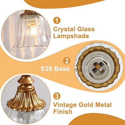LmnLvn Bathroom Vanity Gold Light Fixture, 2 Lights Bathroom Lighting Matte Antique Brass Finish with Crystal Glass Shade, Gold Vintage Vanity Light for Bathrooms