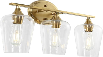 JONATHAN Y 23" Brass Gold 3-Light Farmhouse Rustic LED Vanity Light Sconce, Clear Glass Shade, Vintage Indoor Fixture for Bathroom Mirror, LED Bulb Included (JYL7547B)