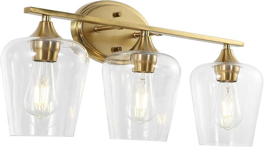 JONATHAN Y 23" Brass Gold 3-Light Farmhouse Rustic LED Vanity Light Sconce, Clear Glass Shade, Vintage Indoor Fixture for Bathroom Mirror, LED Bulb Included (JYL7547B)