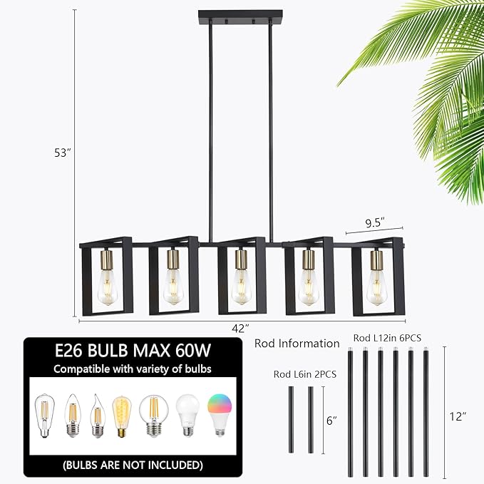 9MMML 41.5" Mid Century Dining Room Chandelier, Black and Gold Wood Pendant Light, Height Adjustable 5 Lights Fixtures for Kitchen Island Hallway Pool Table