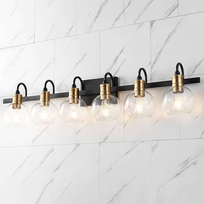 JONATHAN Y 44.25" Black/Brass Gold Vintage Wall Sconce, LED Vanity Light for Bathroom Bedroom Entryway, Clear Glass Globe Shade, Modern Industrial Arched Lamp, LED Bulb Included (JYL3557A)