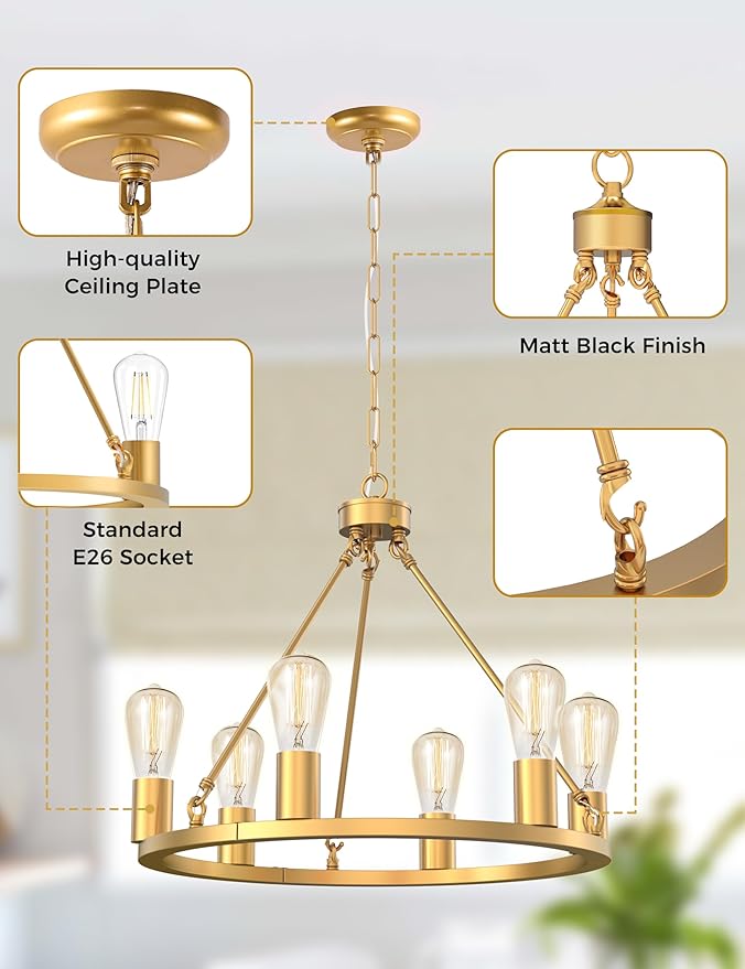 L LOHAS LED Gold Farmhouse Chandeliers for Dining Room, 6-Light Wagon Wheel Chandelier Over Table, Height Adjustable, 19" Dining Room Light Fixtures, Modern Chandelier for Kitchen Island Living Room