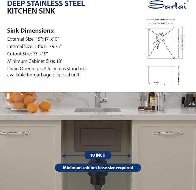 Sarlai 15 Inch Undermount Single Bowl Stainless Steel Kitchen Sink - 15" x 17" x 9.75" Deep Bowl, 16 Gauge, Brushed Finish, Basket Drain, Undermount Installation