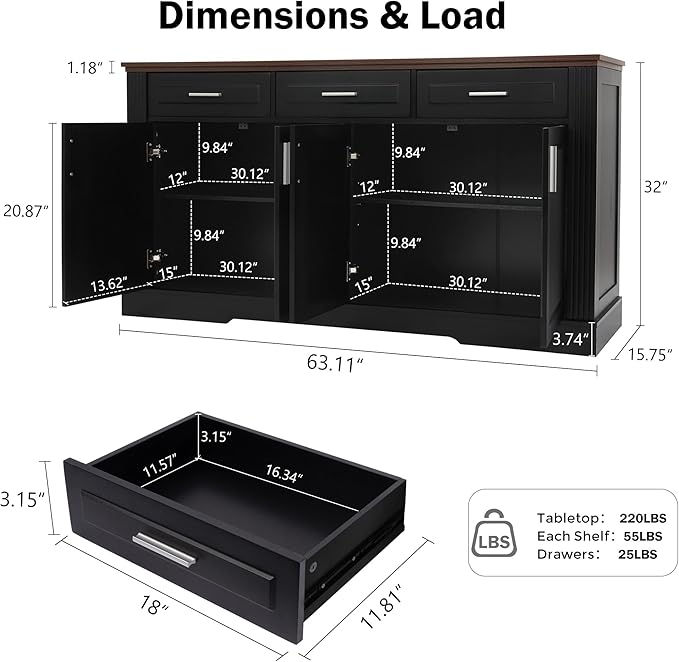 63" Large Buffet Sideboard with Storage, 32" Tall Kitchen Buffet Storage Cabinet with 3 Drawers, Modern Coffee Bar Cabinet with Handles, Long Sideboard Buffet Table for Kichen, Living Room (Black-01)