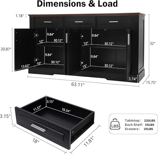 63" Large Buffet Sideboard with Storage, 32" Tall Kitchen Buffet Storage Cabinet with 3 Drawers, Modern Coffee Bar Cabinet with Handles, Long Sideboard Buffet Table for Kichen, Living Room (Black-01)