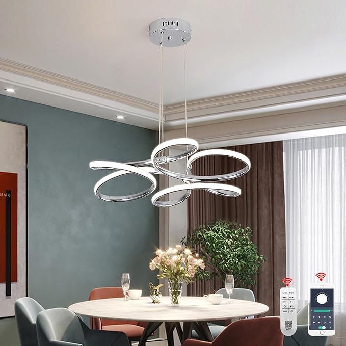 23 inch Modern Chandelier for Dining Room, Kitchen Chandelier & Entryway, Dimmable LED Pendant Light with Adjustable Height, 32W for Hallway, Living Room, Bedroom (Chrome M)