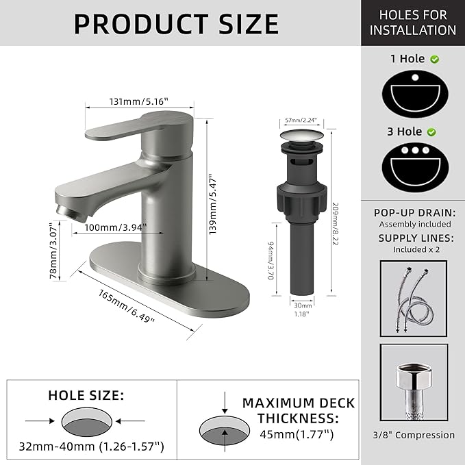 BELZ Bathroom Faucet, Single Handle Matte Black Sink Faucet for 1 or 3 Hole Installation, Modern Lead-Free Metal Vanity Faucet with Pop-Up Drain & Supply Hoses (Brushed Nickel)