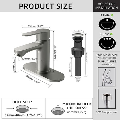 BELZ Bathroom Faucet, Single Handle Matte Black Sink Faucet for 1 or 3 Hole Installation, Modern Lead-Free Metal Vanity Faucet with Pop-Up Drain & Supply Hoses (Brushed Nickel)