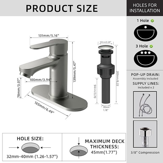 BELZ Bathroom Faucet, Single Handle Matte Black Sink Faucet for 1 or 3 Hole Installation, Modern Lead-Free Metal Vanity Faucet with Pop-Up Drain & Supply Hoses (Brushed Nickel)