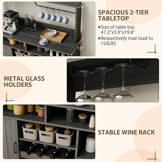 47" Farmhouse Coffee Bar Cabinet with Storage, Buffet Cabinet with Goblet Holder, 5Hooks, Power Outlets, Sideboard Cabinet Coffee Bar Table with Adjustable Shelves for Kitchen & Living Room, Grey