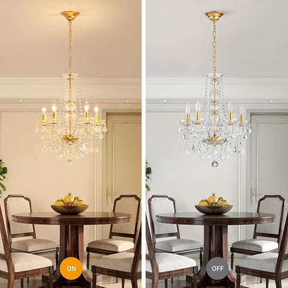 WUZUPS Crystal 5-Light Candle Chandelier Pendant Flushmount Ceiling Light Modern Lighting Fixture for Bedroom Hallway Bar Kitchen Bathroom, H 25" x W 20", Gold, E12 Base
