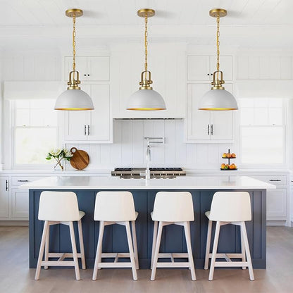White and Gold Pendant Lights Kitchen Island 2 Pack, Modern Matte White Dome Pendant Lighting Industrial Light Fixture for Kitchen Living Dining Room Restaurant Hallway Entrance