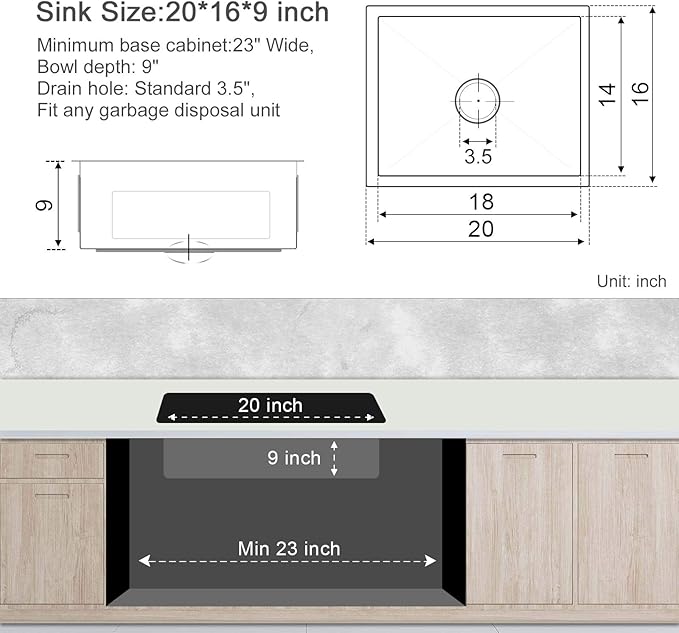 MENATT 20-inch Undermount Kitchen Sink, SUS304 Stainless Steel Handmade Single Bowl Kitchen Sink with Sink Strainer (Brushed), 20"x16"x9"