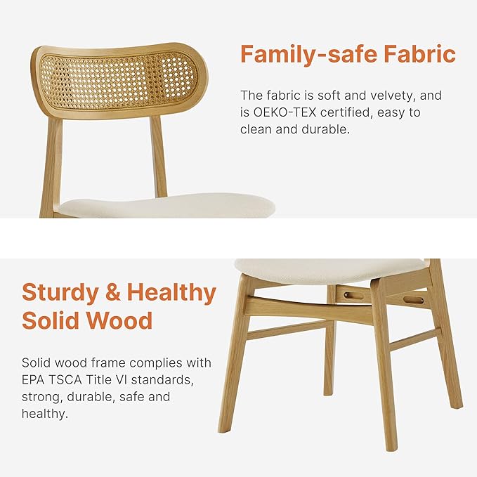 KISLOT Wooden Dining Chairs Set of 4, Upholstered Modern Dining Room Chairs, Mid Century Oak Wood Kitchen Chairs with Rattan Backrest for Farmhouse, Kitchen, Restaurant (Cream Fabric & Original Color)