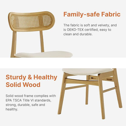 KISLOT Wooden Dining Chairs Set of 4, Upholstered Modern Dining Room Chairs, Mid Century Oak Wood Kitchen Chairs with Rattan Backrest for Farmhouse, Kitchen, Restaurant (Cream Fabric & Original Color)