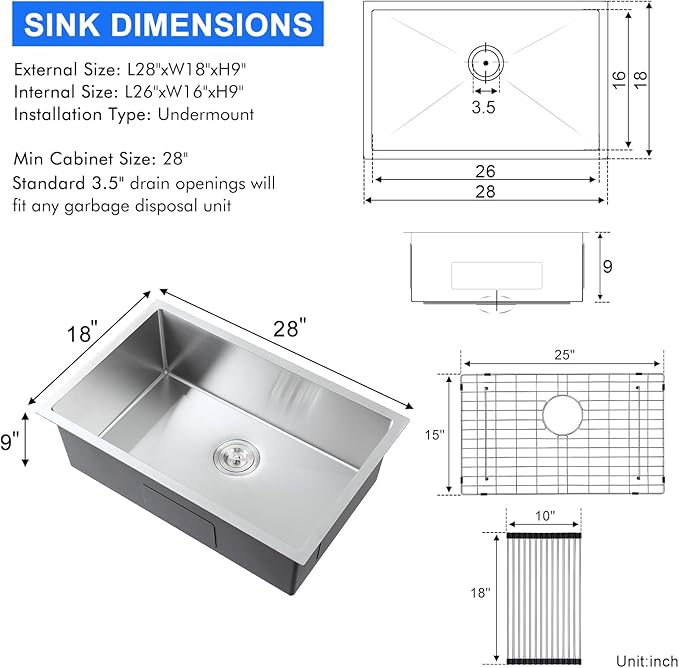 MENATT 28x18 Inch Undermount Kitchen Sink, 18 Gauge 304 Stainless Steel Single Bowl with Drying Rack & Bottom Grid, 9" Deep for Laundry, Utility & Modern Kitchen