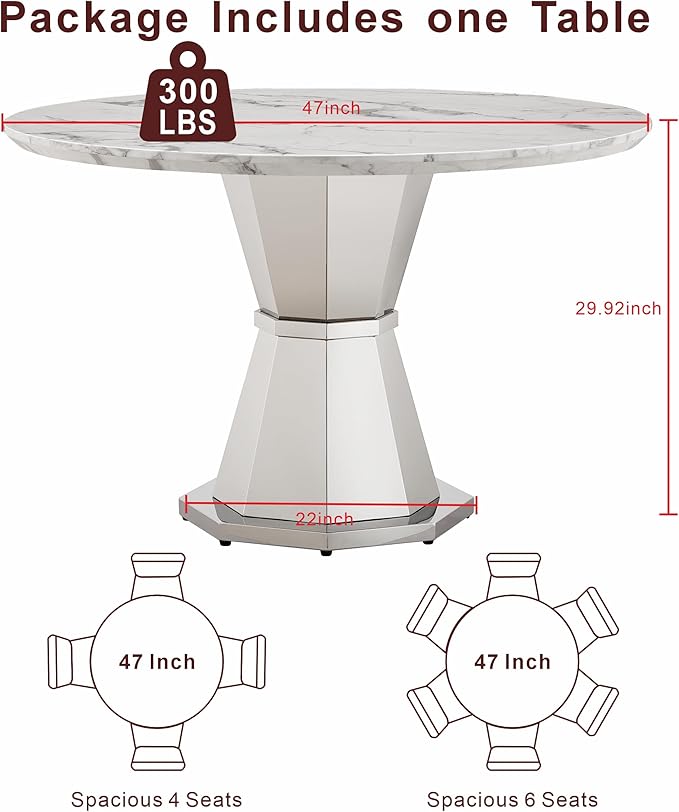 47" Round Marble Dining Table for 4-6, Luxury Modern Kitchen Table with Marble Grain MDF tabletop & Silver Mirrored Stainless Steel Pedestal Base, White Stone Dinner Table for Dining Room (Table Only)