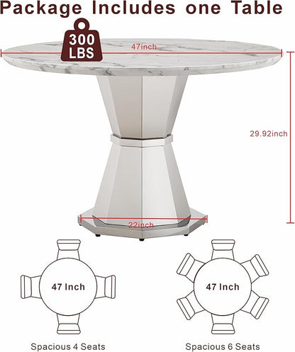 47" Round Marble Dining Table for 4-6, Luxury Modern Kitchen Table with Marble Grain MDF tabletop & Silver Mirrored Stainless Steel Pedestal Base, White Stone Dinner Table for Dining Room (Table Only)