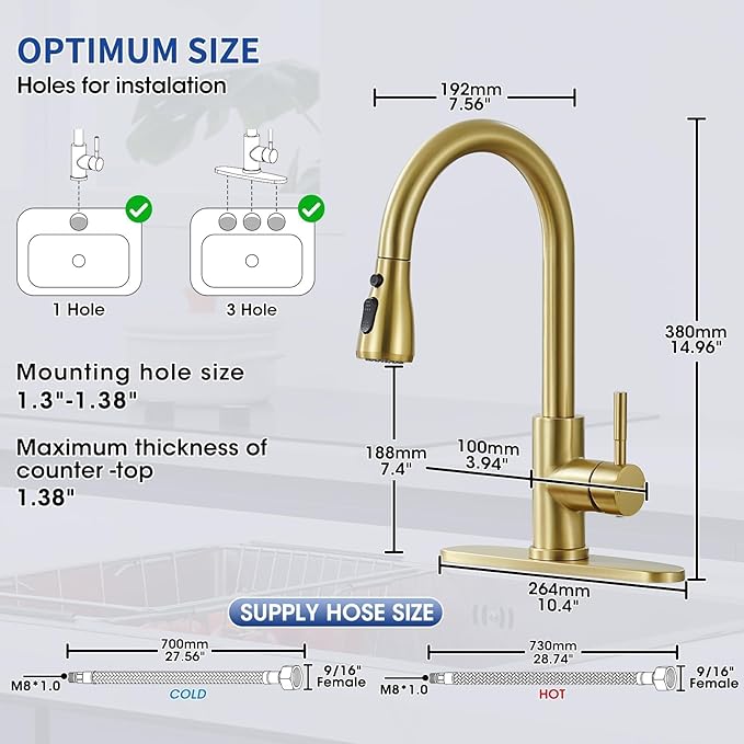 Brushed Gold Kitchen Faucets with Pull Down Sprayer, High Arc Single Handle Stainless Steel 1 or 3 Hole Utility Modern Faucet for Kitchen Sink, Suitable for Bar Laundry RV Farmhouse Camper