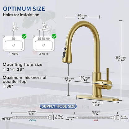 Brushed Gold Kitchen Faucets with Pull Down Sprayer, High Arc Single Handle Stainless Steel 1 or 3 Hole Utility Modern Faucet for Kitchen Sink, Suitable for Bar Laundry RV Farmhouse Camper