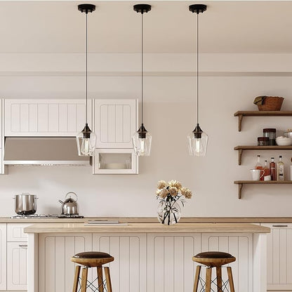 VONLUCE Pendant Lights Kitchen Island, Matte Black Pendant Light Fixtures with E26 Base & Adjustable Cable, Modern Pendant Lighting with Glass Shade for Living Room Bedroom Hallway, 3 Packs