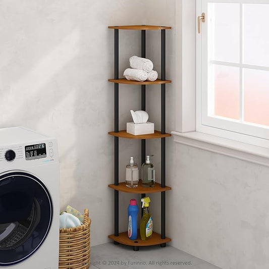 Furinno Turn-N-Tube Storage Shelves, 5-Tier Book Shelf, Corner Shelf, Toolless Open Shelves, for Organization and Storage, Living Room, Home Office, Hallway, Bedroom, Light Cherry