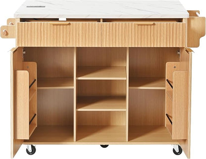 Modern Dining Table 52in Fluted Kitchen Island with Drop, Power Outlet, Cart with Shelves, 2 Doors 2 Drawers, Rolling Table for Kitchen Living Room,Natural-MDF