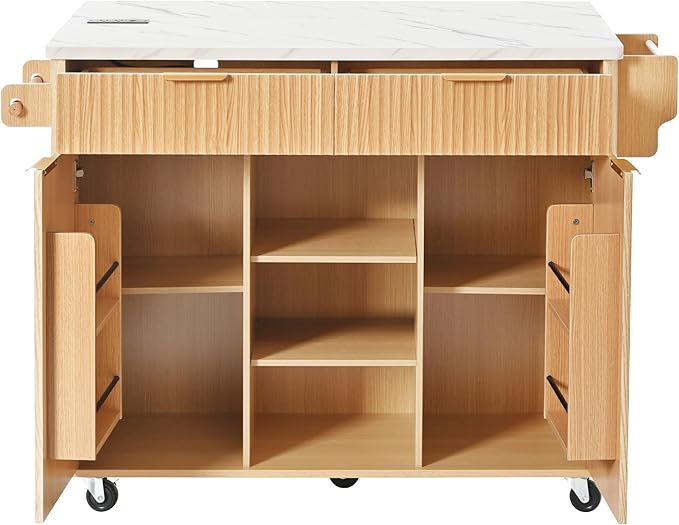 Modern Dining Table Kitchen Island with Drop, Power Outlet, Cart with Shelves, 2 Doors 2 Drawers, Rolling Table for Kitchen Living Room,Natural-MDF