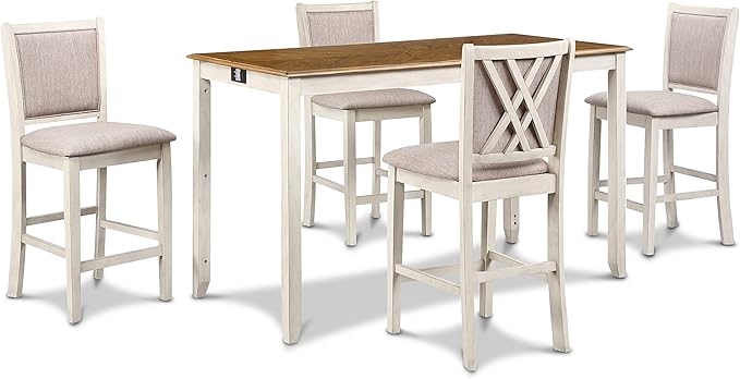 New Classic Furniture Amy Farmhouse Kitchen Counter Island Dining Table for 4 with Storage Shelf & USB Chargers, 60-Inch, Two Tone Vintage White/Brown