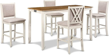 New Classic Furniture Amy Farmhouse Kitchen Counter Island Dining Table for 4 with Storage Shelf & USB Chargers, 60-Inch, Two Tone Vintage White/Brown