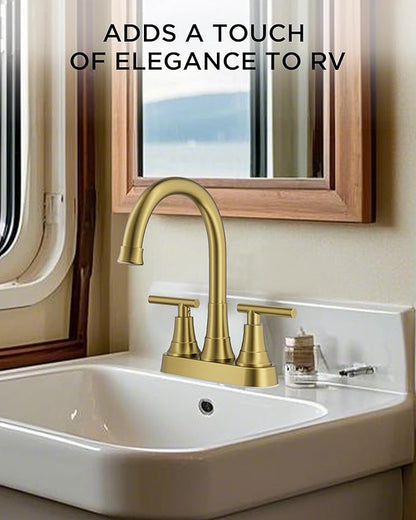 FORIOUS Brushed Gold Centerset Bathroom Faucets for Sink 2 or 3 Hole, 4 Inch Bathroom Sink Faucet with Pop up Drain and Lead-Free cUPC Hose, 360° spout, Two Handles for Restroom,Vanity, RV Remodel